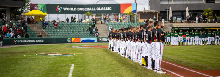 REGENSBURG, GERMANY - SEPTEMBER 18: Team Germany and Team South Africa line up before Game 6 between Team South Africa and Team Germany at Armin-Wolf-Arena on Sunday, September 18, 2022 in Regensburg, Germany. (Photo by Sebastian Widmann/WBCI/MLB Photos via Getty Images)