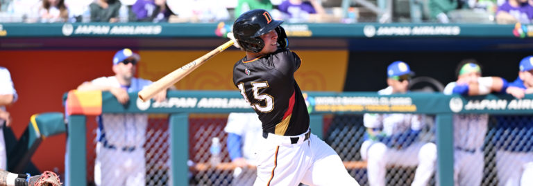 TUCSON, AZ - MARCH 03: Yannic Walther #15 of Team Germany hits during the game between the Team Brazil and the Team Germany at Veterans Memorial Stadium at Kino Sports Complex  on Monday, March 3, 2025 in Tucson, Arizona. (Photo by Norm Hall/MLB Photos via Getty Images)